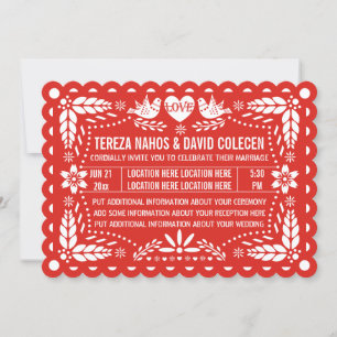 Papel picado love birds red Mexican fiesta wedding Invitation