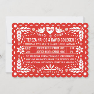 Papel picado love birds red Mexican fiesta wedding Invitation