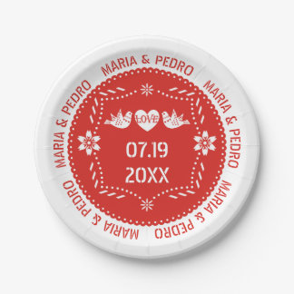 Papel picado love birds red Mexican wedding Paper Plates
