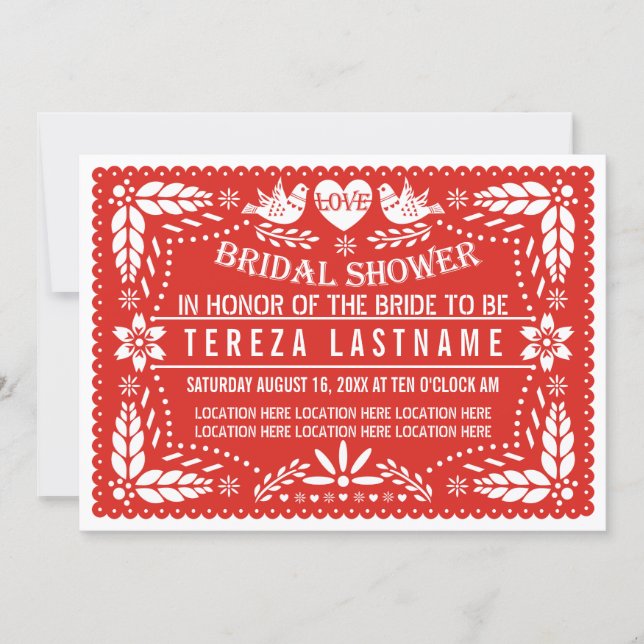 Papel picado love birds red wedding bridal shower invitation (Front)