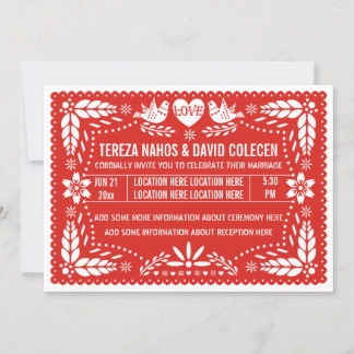 Papel picado love birds red wedding invitation