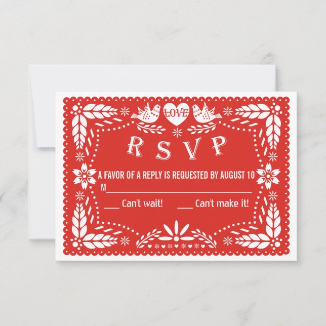 Papel picado love birds red wedding RSVP reply (Front)
