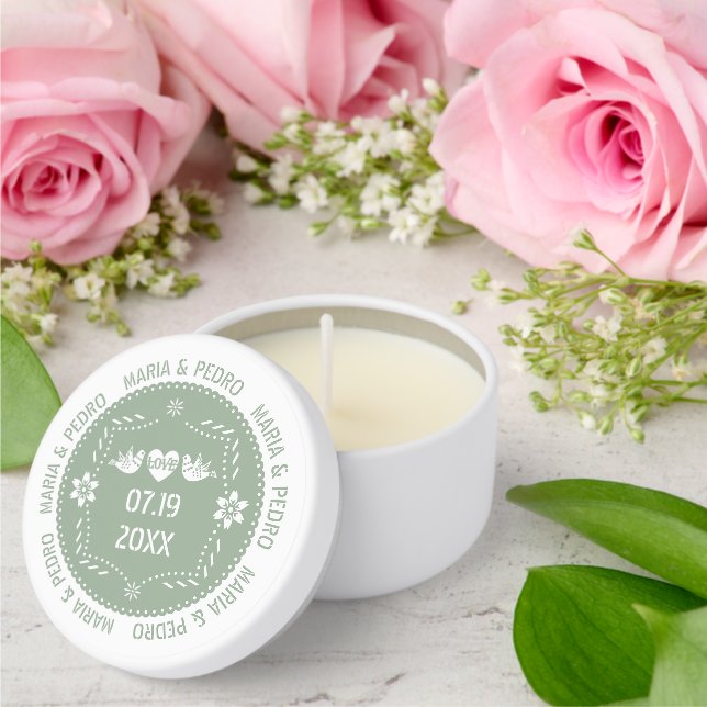Papel picado love birds sage green Mexican wedding Mini Candle Favors (Insitu (Wedding))