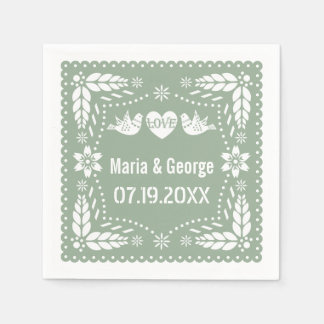 Papel picado love birds sage green wedding fiesta napkins