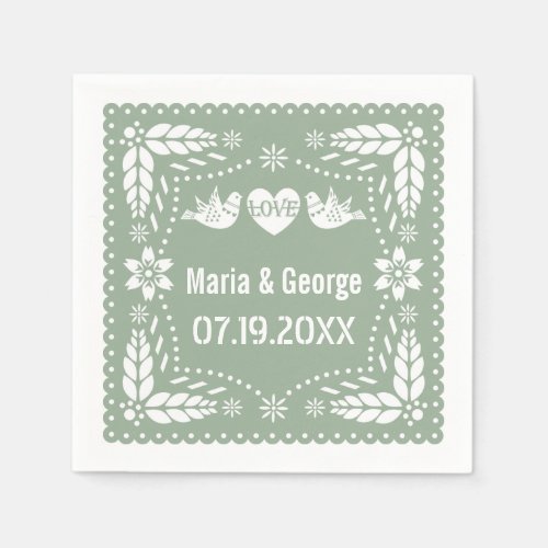 Papel picado love birds sage green wedding fiesta napkins