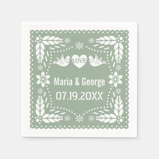 Papel picado love birds sage green wedding fiesta napkins (Front)