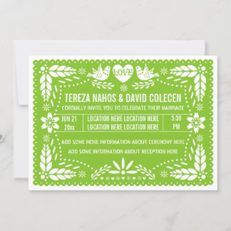 Papel picado love birds spring lime green wedding invitation