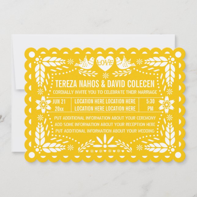 Papel picado love birds yellow fiesta wedding invitation (Front)
