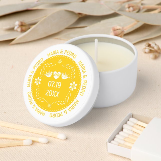 Papel picado love birds yellow Mexican wedding Mini Candle Favors (Insitu)