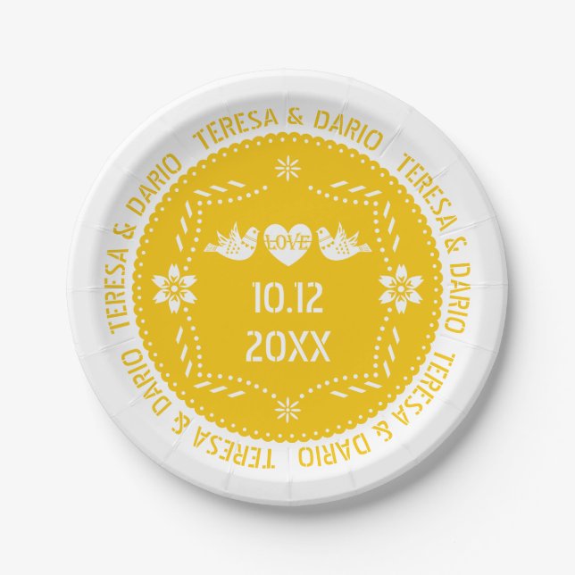 Papel picado love birds yellow Mexican wedding Paper Plates (Front)
