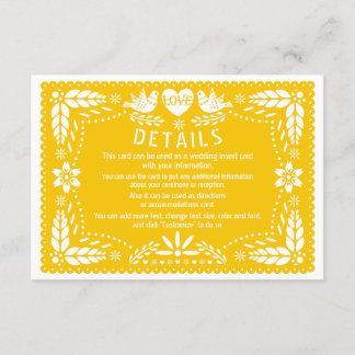 Papel picado love birds yellow wedding details enclosure card
