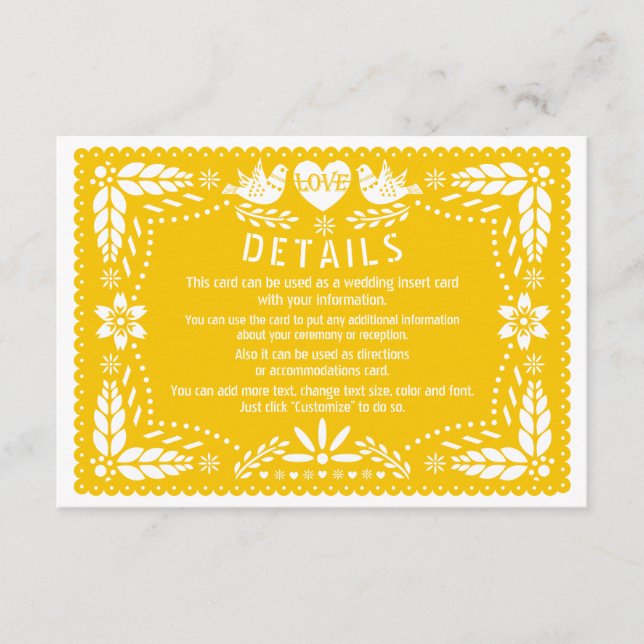 Papel picado love birds yellow wedding details enclosure card (Front)