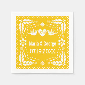 Papel picado love birds yellow wedding fiesta napkins