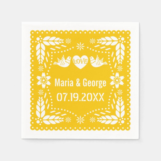 Papel picado love birds yellow wedding fiesta napkins (Front)