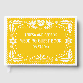 Papel picado love birds yellow wedding guest book