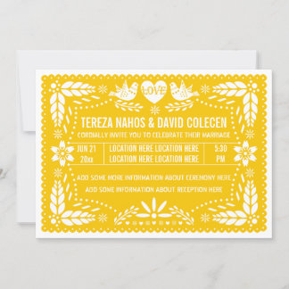 Papel picado love birds yellow wedding invitation