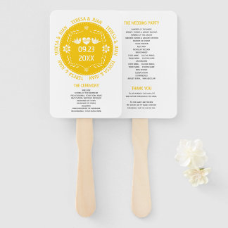 Papel picado love birds yellow wedding program hand fan