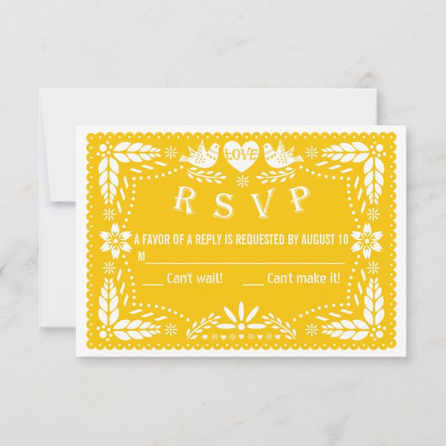 Papel picado love birds yellow wedding RSVP reply (Front)
