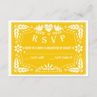 Papel picado love birds yellow wedding RSVP reply Card