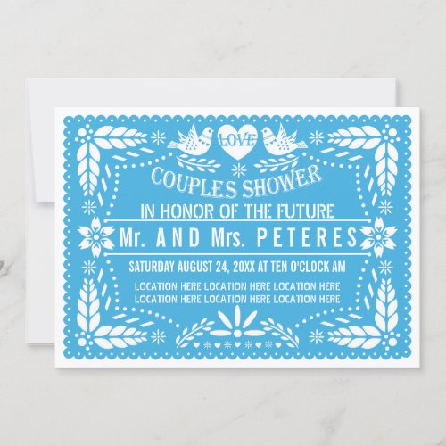 Papel picado lovebirds blue wedding couples shower invitation