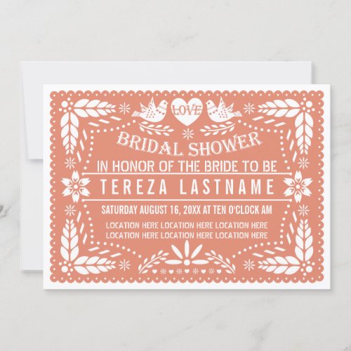 Papel picado lovebirds coral wedding bridal shower invitation