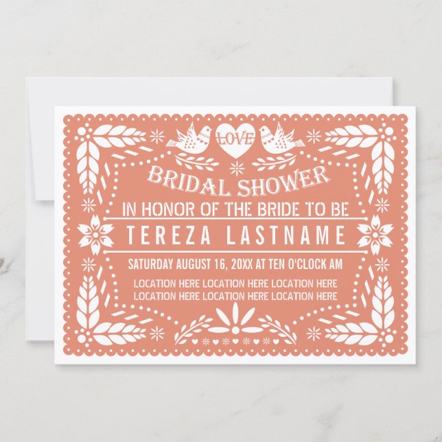 Papel picado lovebirds coral wedding bridal shower invitation (Front)
