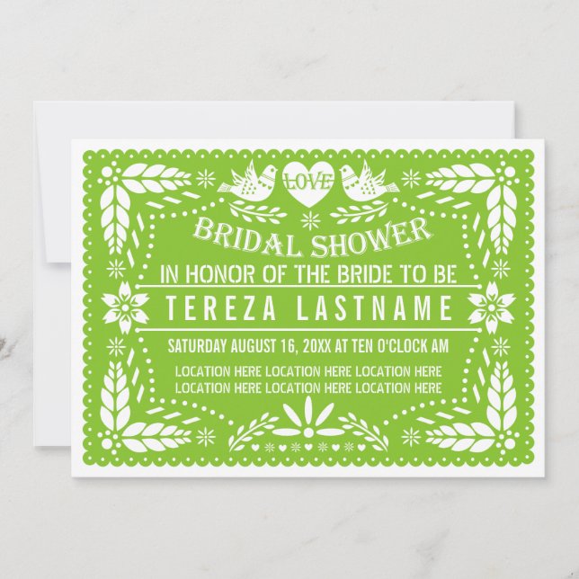 Papel picado lovebirds green wedding bridal shower invitation (Front)