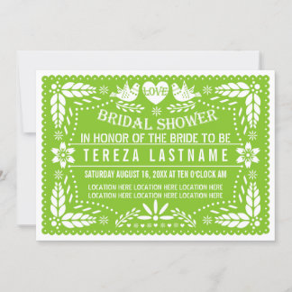 Papel picado lovebirds green wedding bridal shower invitation