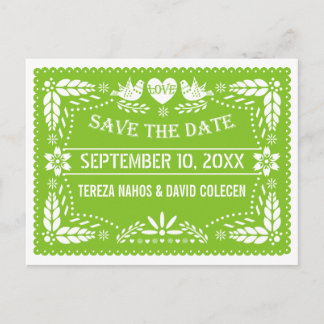 Papel picado lovebirds green wedding Save the Date Announcement Postcard