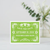 Papel picado lovebirds green wedding Save the Date Announcement Postcard (Standing Front)