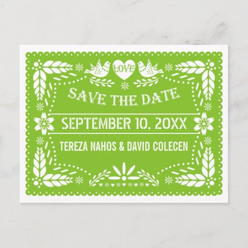 Papel picado lovebirds green wedding Save the Date Announcement Postcard