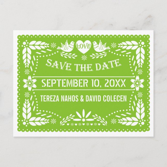 Papel picado lovebirds green wedding Save the Date Announcement Postcard (Front)