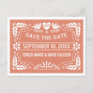 Papel picado lovebirds peach wedding Save the Date Announcement Postcard