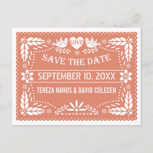 Papel picado lovebirds peach wedding Save the Date Announcement Postcard (Front)