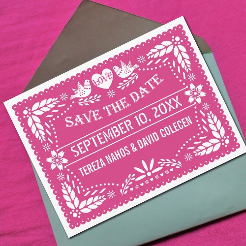Papel picado lovebirds pink wedding Save the Date Announcement Postcard