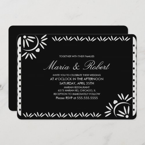 Papel Picado Mexican Botanical Wedding Black Invitation