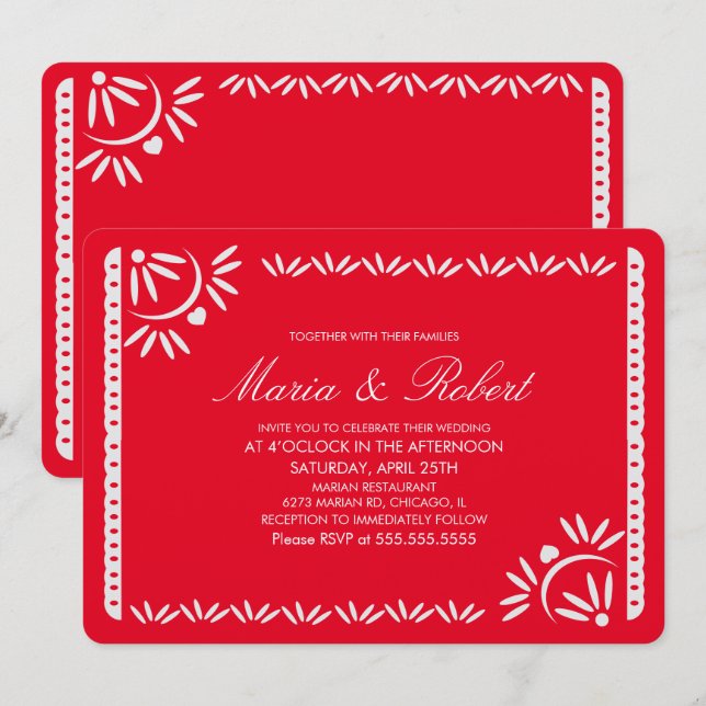 Papel Picado Mexican Botanical Wedding Red Kraft Invitation (Front/Back)