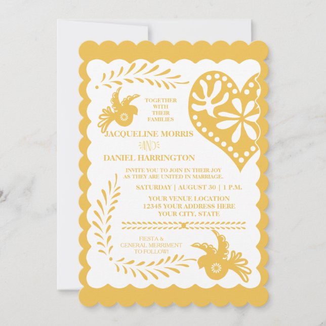 Papel Picado Mexican Fiesta Wedding Banner Gold Invitation (Front)