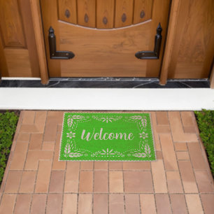 Papel picado mexican folk art welcome green fiber doormat
