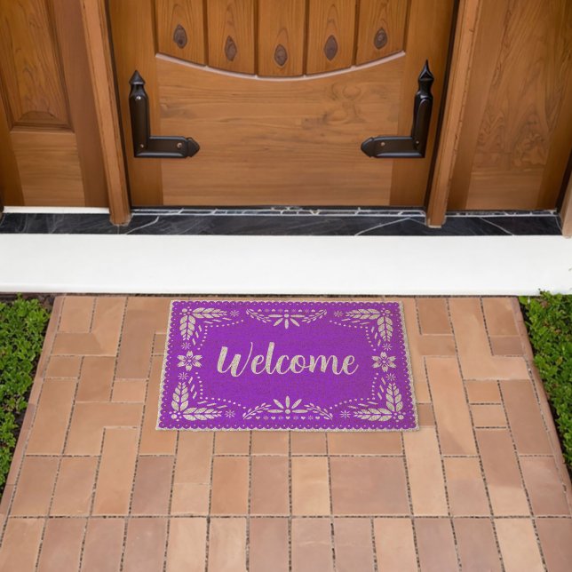 Papel picado mexican folk art welcome purple fiber doormat (Insitu (Outdoor))