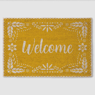 Papel picado mexican folk art welcome yellow fiber doormat