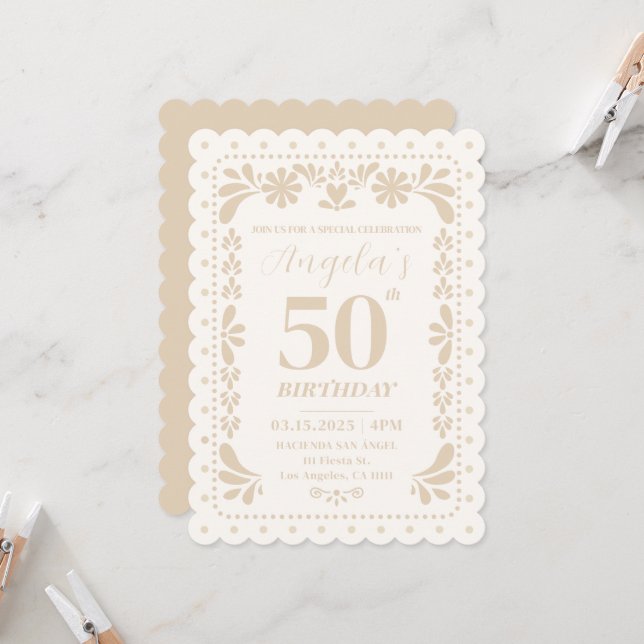 Papel Picado Mexican Neutral Birthday Invitation (Front/Back In Situ)