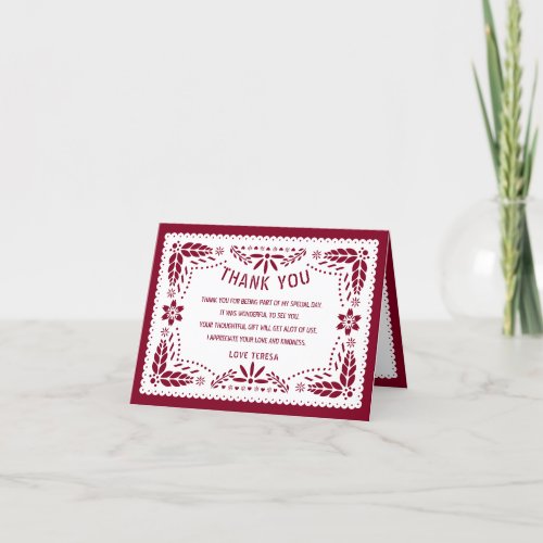 Papel picado Mexican pburgundy red QUINCEAERA  Thank You Card