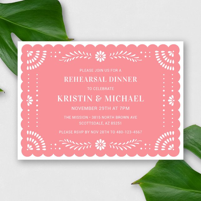 Papel Picado Mexican Rehearsal Dinner Invitation (Modern Papel Picado Rehearsal Dinner Invitation in Rose)