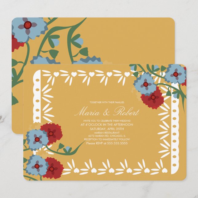 Papel Picado Mexico Botanical Floral Fiesta Yellow Invitation (Front/Back)