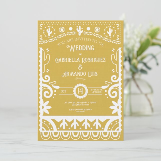 Papel Picado Mustard Yellow & White Wedding  Invitation (Standing Front)