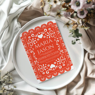 Papel Picado Orange White Folk Art Spanish Wedding Invitation