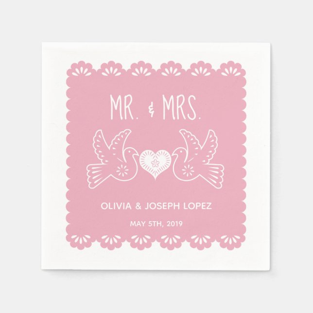 Papel Picado Pink Love Birds Wedding Fiesta Napkins (Front)
