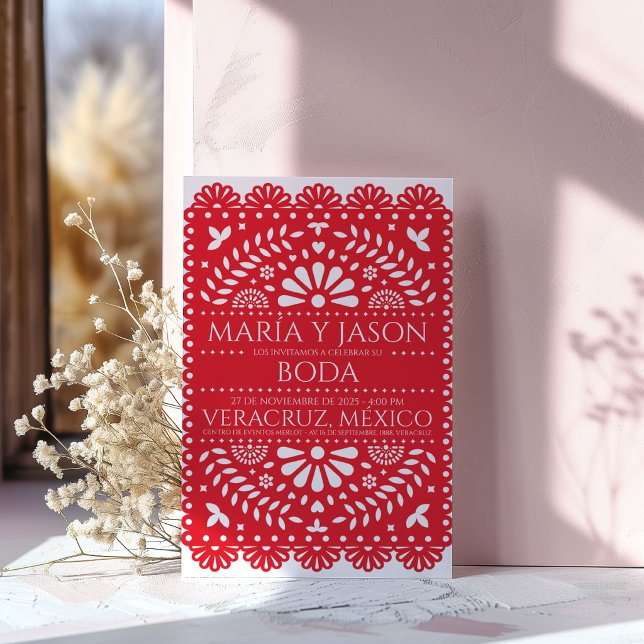 Papel Picado Red Folk Art Boda Spanish Wedding Invitation (Papel Picado Red Folk Art Boda Spanish Wedding Invitation)