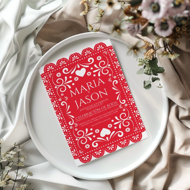 Papel Picado Red White Folk Art Spanish Wedding Invitation (Papel Picado Red White Folk Art Spanish Wedding Invitation)